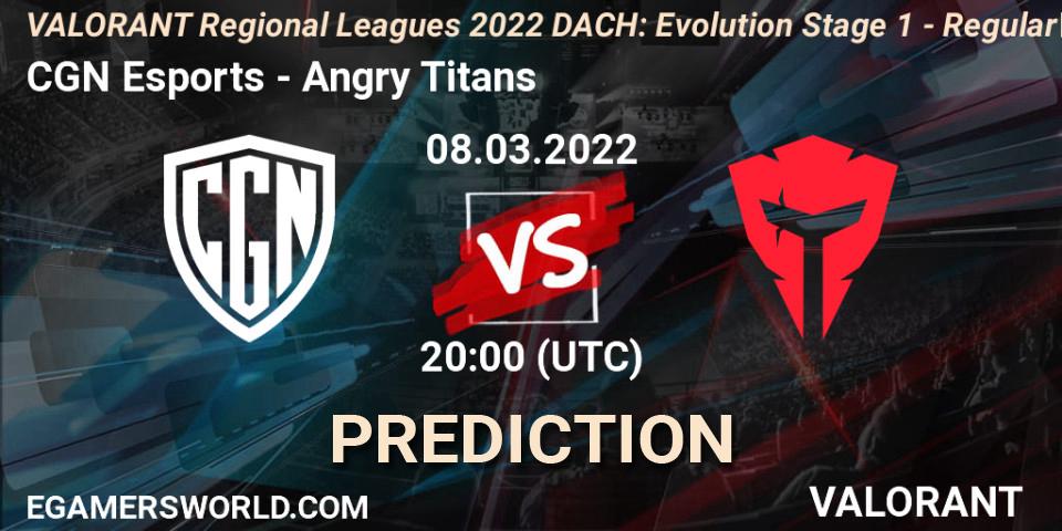 Pronósticos CGN Esports - Angry Titans. 08.03.2022 at 20:00. VALORANT Regional Leagues 2022 DACH: Evolution Stage 1 - Regular Season - VALORANT