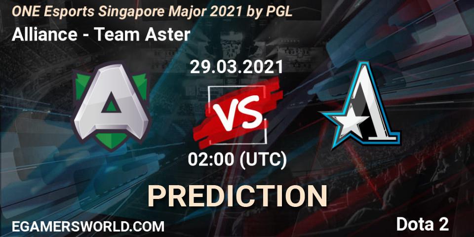 Pronósticos Alliance - Team Aster. 29.03.2021 at 02:04. ONE Esports Singapore Major 2021 - Dota 2