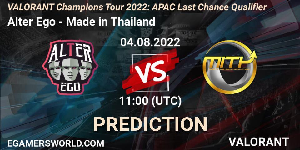 Pronósticos Alter Ego - Made in Thailand. 04.08.2022 at 11:00. VCT 2022: APAC Last Chance Qualifier - VALORANT