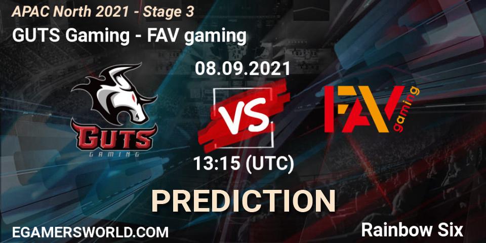 Pronósticos GUTS Gaming - FAV gaming. 08.09.2021 at 13:15. APAC North 2021 - Stage 3 - Rainbow Six