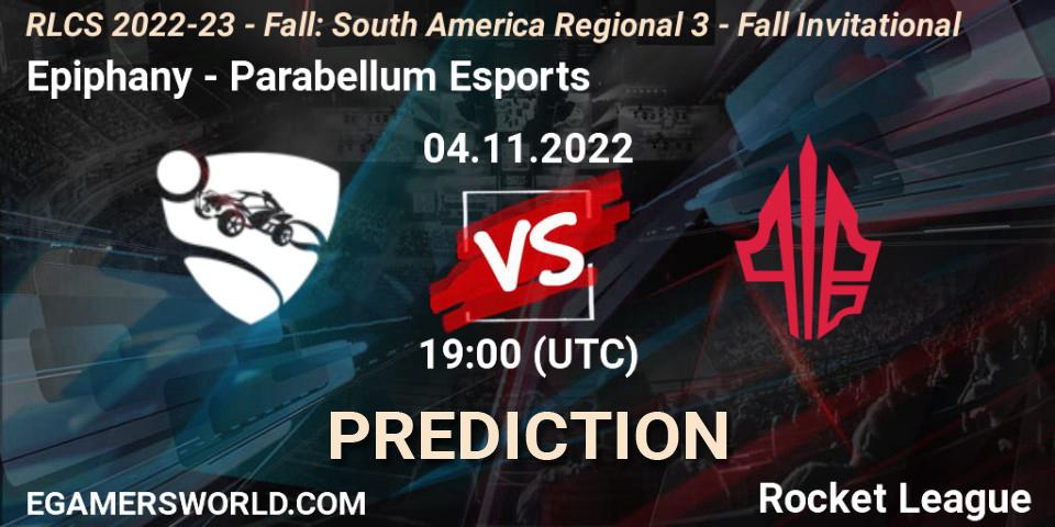 Pronósticos Epiphany - Parabellum Esports. 04.11.2022 at 19:00. RLCS 2022-23 - Fall: South America Regional 3 - Fall Invitational - Rocket League