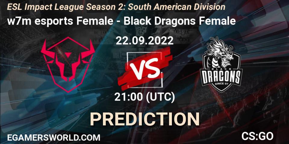 Pronósticos w7m esports Female - Black Dragons Female. 22.09.2022 at 21:00. ESL Impact League Season 2: South American Division - Counter-Strike (CS2)