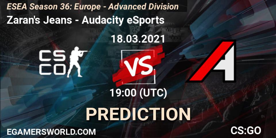 Pronósticos Zaran's Jeans - Audacity eSports. 18.03.2021 at 19:00. ESEA Season 36: Europe - Advanced Division - Counter-Strike (CS2)