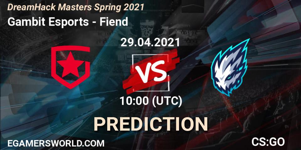 Pronósticos Gambit Esports - Fiend. 29.04.2021 at 10:00. DreamHack Masters Spring 2021 - Counter-Strike (CS2)