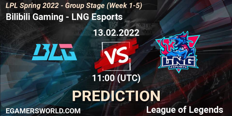 Pronósticos Bilibili Gaming - LNG Esports. 13.02.2022 at 12:45. LPL Spring 2022 - Group Stage (Week 1-5) - LoL