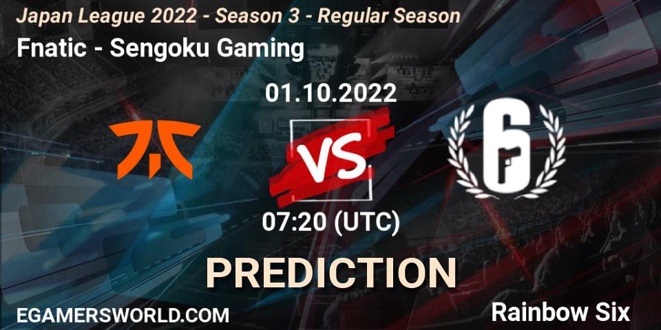 Pronósticos Fnatic - Sengoku Gaming. 01.10.2022 at 07:20. Japan League 2022 - Season 3 - Regular Season - Rainbow Six