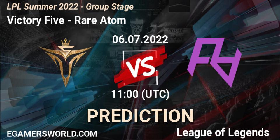 Pronósticos Victory Five - Rare Atom. 06.07.2022 at 11:40. LPL Summer 2022 - Group Stage - LoL
