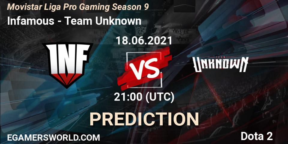 Pronósticos Infamous - Team Unknown. 18.06.2021 at 21:00. Movistar Liga Pro Gaming Season 9 - Dota 2