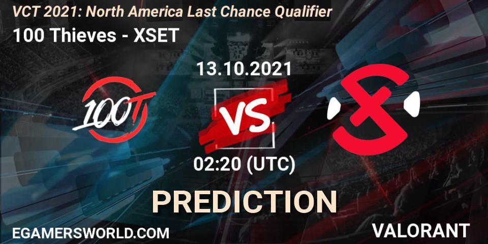 Pronósticos 100 Thieves - XSET. 13.10.2021 at 02:30. VCT 2021: North America Last Chance Qualifier - VALORANT