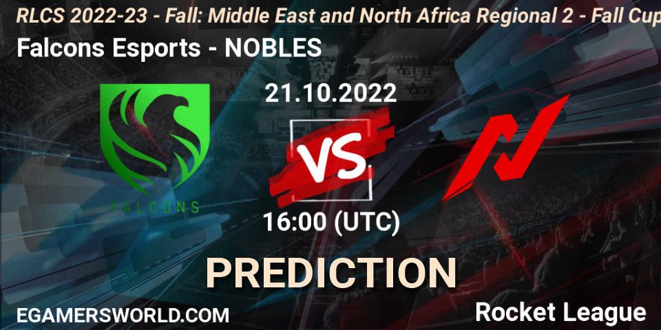 Pronósticos Falcons Esports - NOBLES. 21.10.2022 at 16:00. RLCS 2022-23 - Fall: Middle East and North Africa Regional 2 - Fall Cup - Rocket League