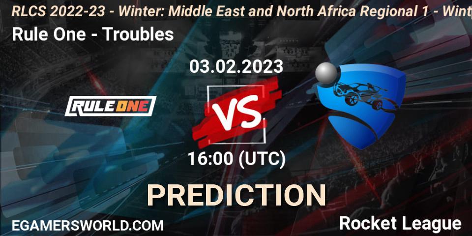 Pronósticos Rule One - Troubles. 03.02.2023 at 16:00. RLCS 2022-23 - Winter: Middle East and North Africa Regional 1 - Winter Open - Rocket League