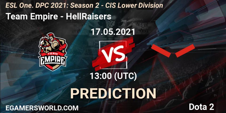 Pronósticos Team Empire - HellRaisers. 17.05.2021 at 12:55. ESL One. DPC 2021: Season 2 - CIS Lower Division - Dota 2