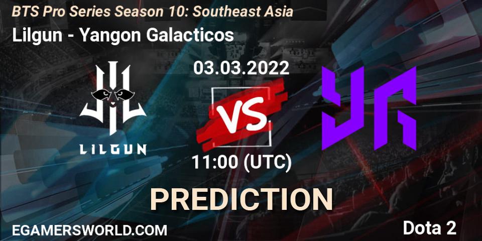 Pronósticos Lilgun - Yangon Galacticos. 03.03.2022 at 09:01. BTS Pro Series Season 10: Southeast Asia - Dota 2