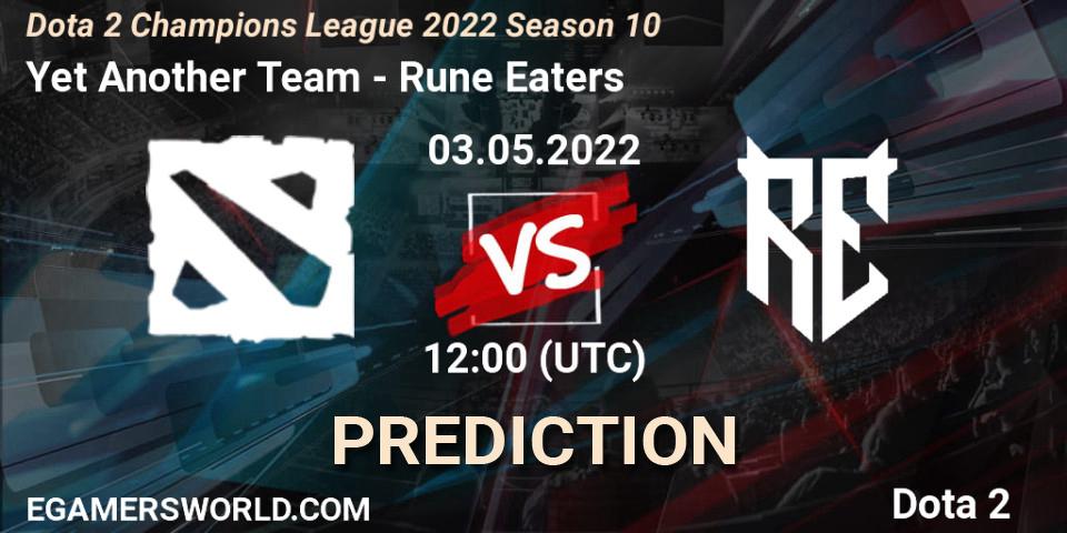 Pronósticos Yet Another Team - Rune Eaters. 03.05.2022 at 12:01. Dota 2 Champions League 2022 Season 10 - Dota 2