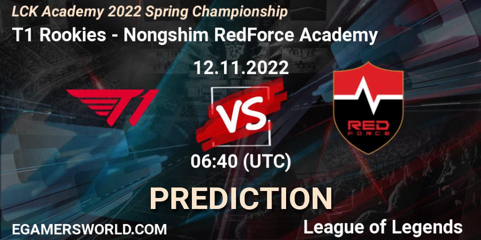 Pronósticos T1 Rookies - Nongshim RedForce Academy. 12.11.2022 at 06:40. LCK Academy 2022 Spring Championship - LoL
