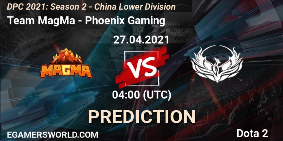 Pronósticos Team MagMa - Phoenix Gaming. 27.04.2021 at 03:55. DPC 2021: Season 2 - China Lower Division - Dota 2