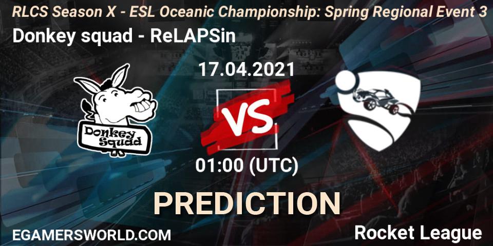 Pronósticos Donkey squad - ReLAPSin. 17.04.2021 at 01:00. RLCS Season X - ESL Oceanic Championship: Spring Regional Event 3 - Rocket League