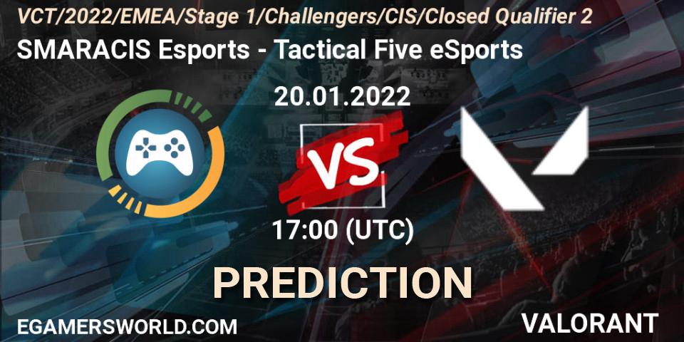 Pronósticos SMARACIS Esports - Tactical Five eSports. 20.01.2022 at 17:45. VCT 2022: CIS Stage 1 Challengers - Closed Qualifier 2 - VALORANT