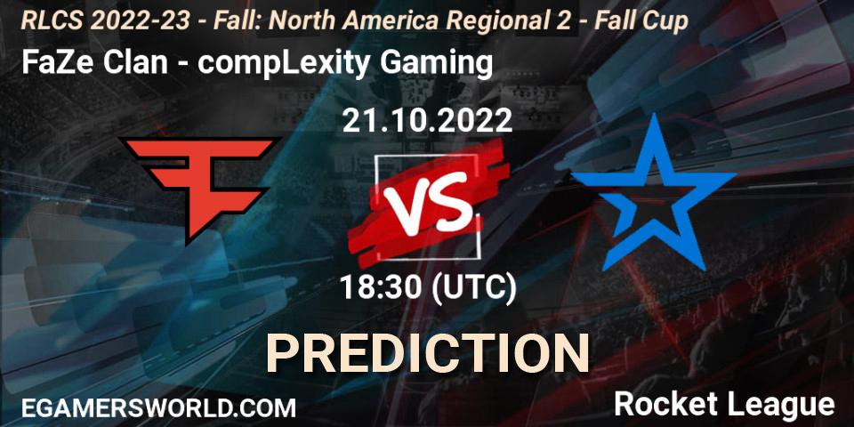 Pronósticos FaZe Clan - compLexity Gaming. 21.10.2022 at 18:30. RLCS 2022-23 - Fall: North America Regional 2 - Fall Cup - Rocket League