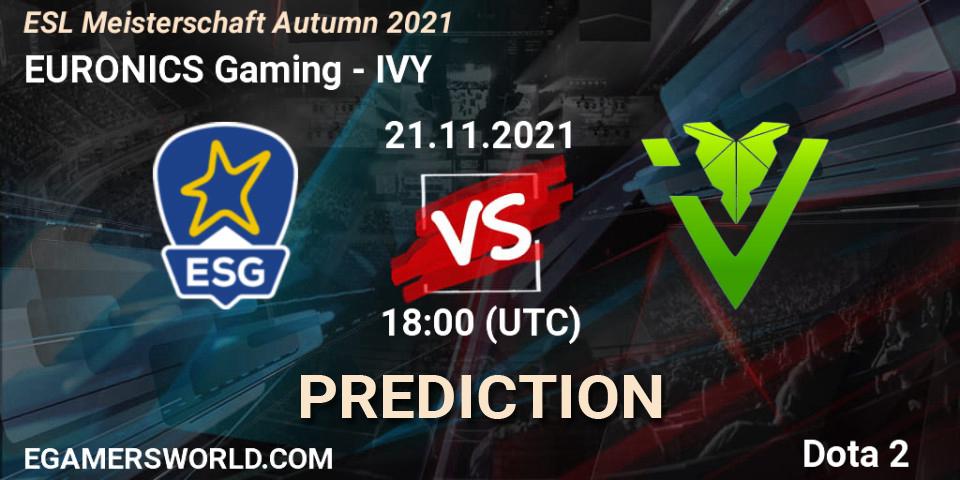 Pronósticos EURONICS Gaming - IVY. 21.11.2021 at 16:35. ESL Meisterschaft Autumn 2021 - Dota 2