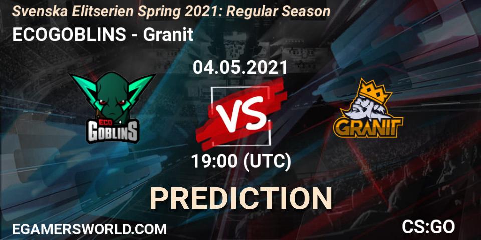 Pronósticos ECOGOBLINS - Granit. 04.05.2021 at 19:00. Svenska Elitserien Spring 2021: Regular Season - Counter-Strike (CS2)
