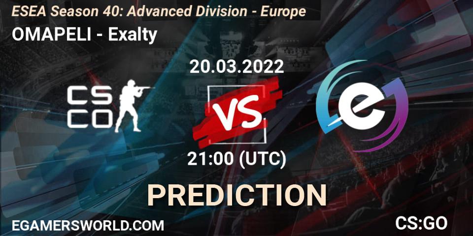 Pronósticos OMAPELI - Exalty. 20.03.2022 at 21:00. ESEA Season 40: Advanced Division - Europe - Counter-Strike (CS2)