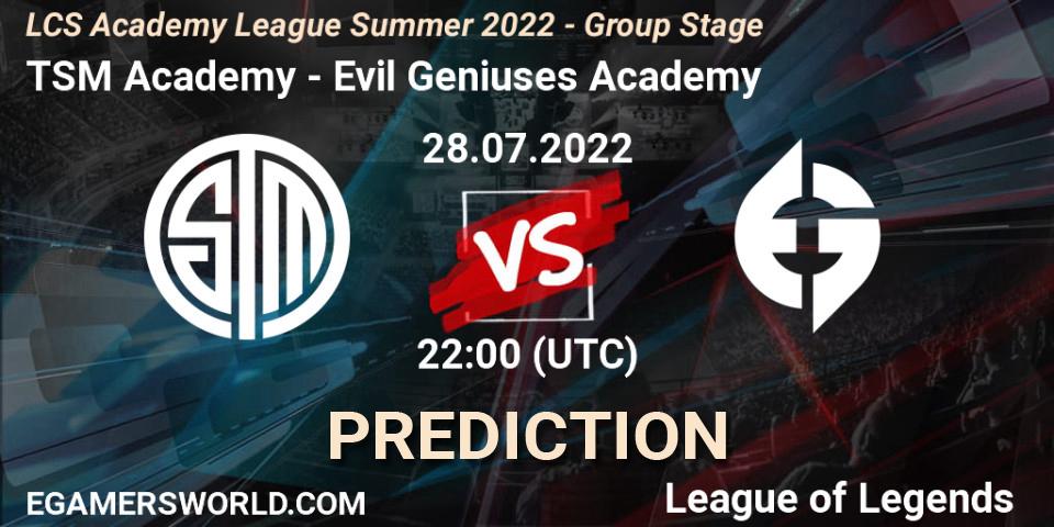 Pronósticos TSM Academy - Evil Geniuses Academy. 28.07.2022 at 22:00. LCS Academy League Summer 2022 - Group Stage - LoL