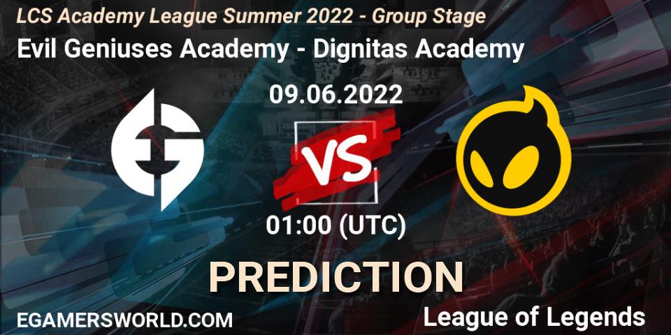 Pronósticos Evil Geniuses Academy - Dignitas Academy. 09.06.2022 at 01:00. LCS Academy League Summer 2022 - Group Stage - LoL