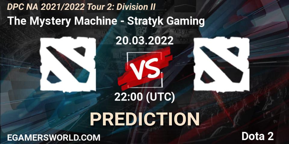 Pronósticos The Mystery Machine - Stratyk Gaming. 20.03.2022 at 22:55. DP 2021/2022 Tour 2: NA Division II (Lower) - ESL One Spring 2022 - Dota 2