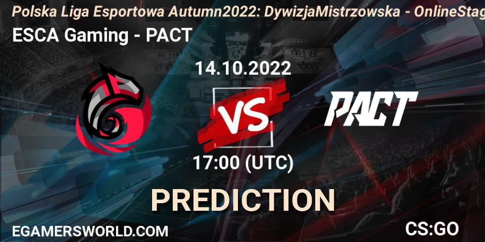 Pronósticos ESCA Gaming - PACT. 14.10.2022 at 17:00. Polska Liga Esportowa Autumn 2022: Dywizja Mistrzowska - Online Stage - Counter-Strike (CS2)