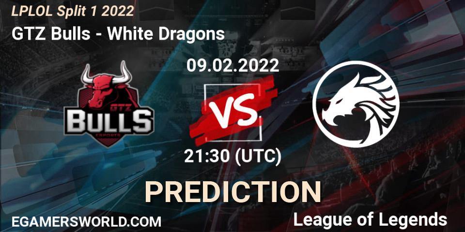 Pronósticos GTZ Bulls - White Dragons. 09.02.2022 at 21:45. LPLOL Split 1 2022 - LoL