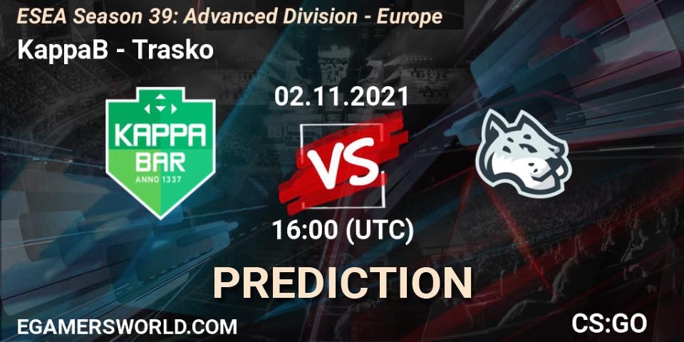 Pronósticos KappaB - Trasko. 02.11.2021 at 16:00. ESEA Season 39: Advanced Division - Europe - Counter-Strike (CS2)