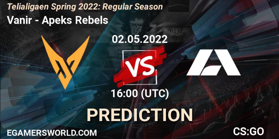 Pronósticos Vanir - Apeks Rebels. 02.05.2022 at 16:00. Telialigaen Spring 2022: Regular Season - Counter-Strike (CS2)