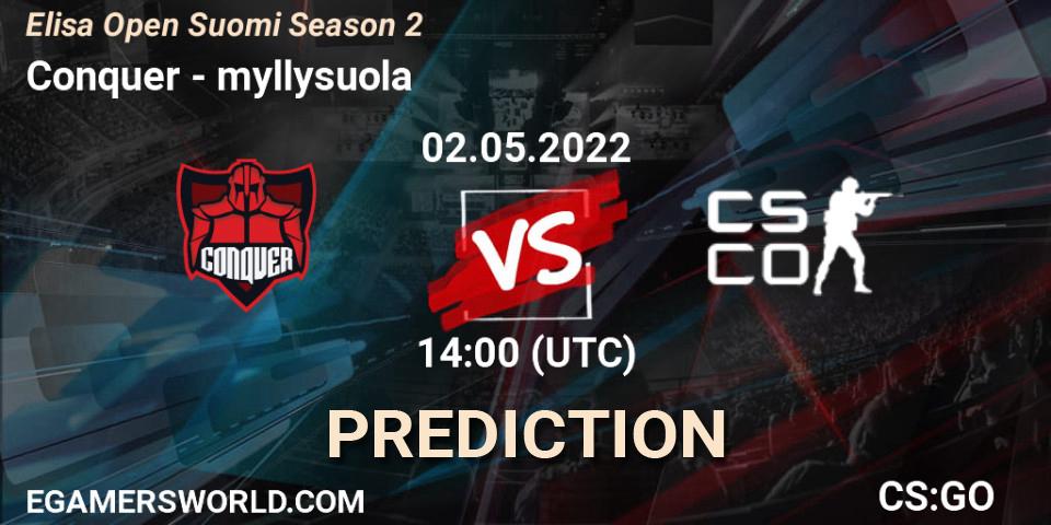 Pronósticos Conquer - myllysuola. 02.05.2022 at 14:00. Elisa Open Suomi Season 2 - Counter-Strike (CS2)