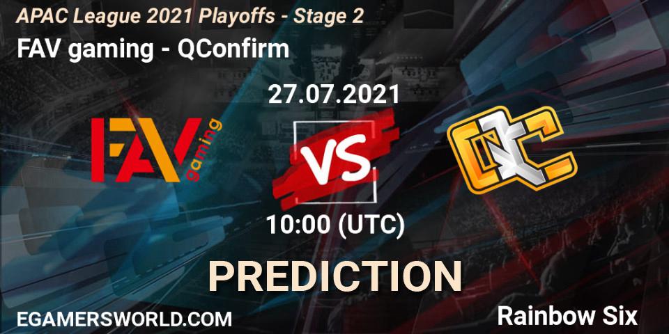 Pronósticos FAV gaming - QConfirm. 27.07.2021 at 09:00. APAC League 2021 Playoffs - Stage 2 - Rainbow Six