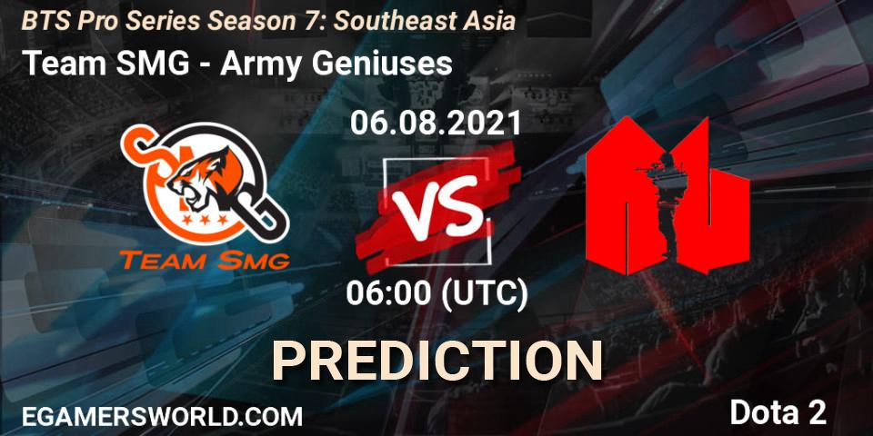 Pronósticos Team SMG - Army Geniuses. 06.08.2021 at 06:00. BTS Pro Series Season 7: Southeast Asia - Dota 2