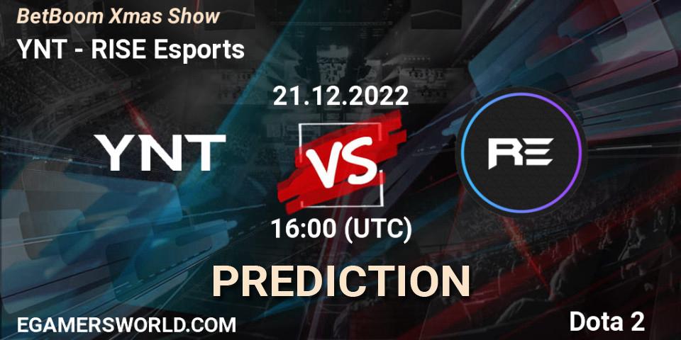 Pronósticos YNT - RISE Esports. 21.12.2022 at 16:37. BetBoom Xmas Show - Dota 2