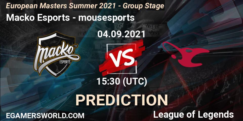 Pronósticos Macko Esports - mousesports. 04.09.2021 at 15:30. European Masters Summer 2021 - Group Stage - LoL