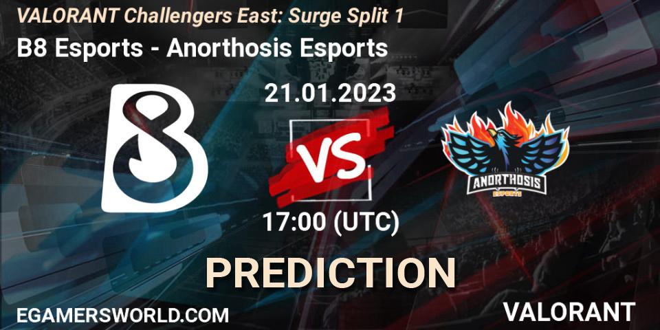 Pronósticos B8 Esports - Anorthosis Esports. 21.01.2023 at 17:15. VALORANT Challengers 2023 East: Surge Split 1 - VALORANT