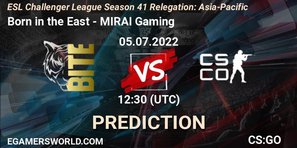 Pronósticos Born in the East - MIRAI Gaming. 05.07.2022 at 12:30. ESL Challenger League Season 41 Relegation: Asia-Pacific - Counter-Strike (CS2)