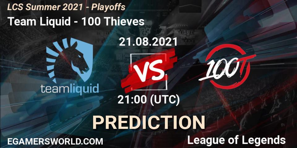 Pronósticos Team Liquid - 100 Thieves. 21.08.2021 at 21:00. LCS Summer 2021 - Playoffs - LoL