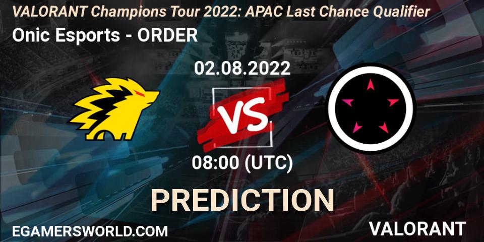 Pronósticos Onic Esports - ORDER. 02.08.2022 at 08:00. VCT 2022: APAC Last Chance Qualifier - VALORANT