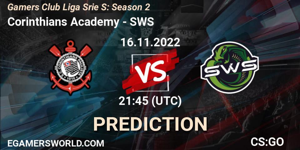Pronósticos Corinthians Academy - SWS. 16.11.2022 at 21:45. Gamers Club Liga Série S: Season 2 - Counter-Strike (CS2)