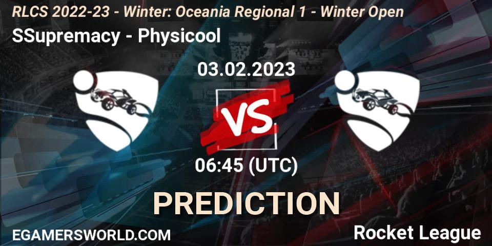 Pronósticos SSupremacy - Physicool. 03.02.2023 at 06:45. RLCS 2022-23 - Winter: Oceania Regional 1 - Winter Open - Rocket League