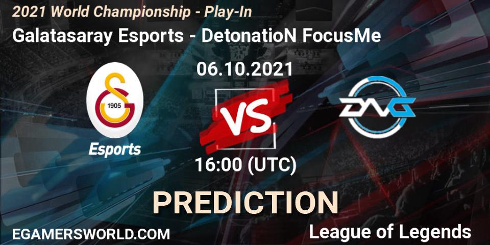 Pronósticos Galatasaray Esports - DetonatioN FocusMe. 06.10.2021 at 16:00. 2021 World Championship - Play-In - LoL