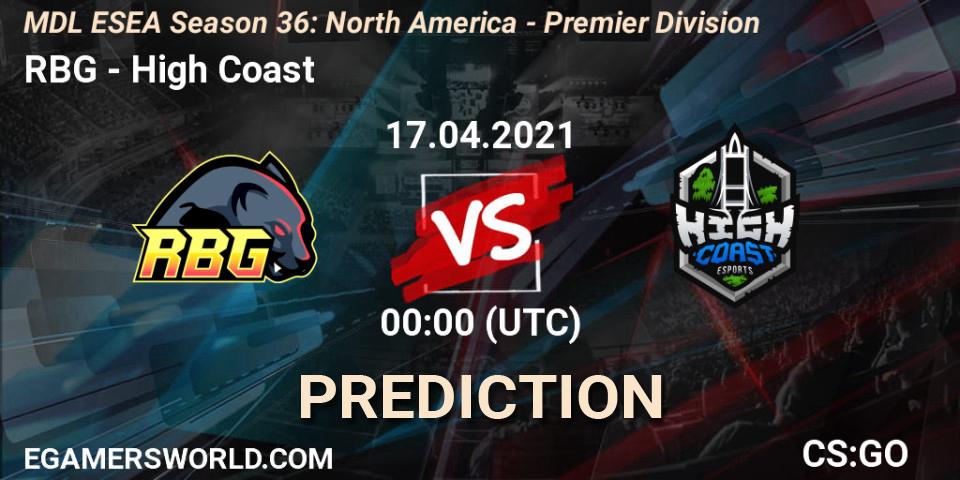 Pronósticos RBG - High Coast. 17.04.2021 at 00:00. MDL ESEA Season 36: North America - Premier Division - Counter-Strike (CS2)