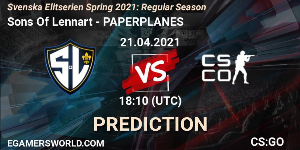 Pronósticos Sons Of Lennart - PAPERPLANES. 21.04.2021 at 18:10. Svenska Elitserien Spring 2021: Regular Season - Counter-Strike (CS2)