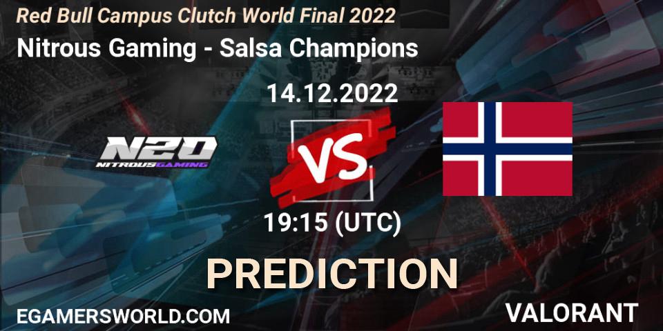Pronósticos Nitrous Gaming - Salsa Champions. 14.12.2022 at 19:15. Red Bull Campus Clutch World Final 2022 - VALORANT