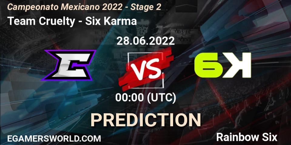 Pronósticos Team Cruelty - Six Karma. 27.06.2022 at 23:00. Campeonato Mexicano 2022 - Stage 2 - Rainbow Six