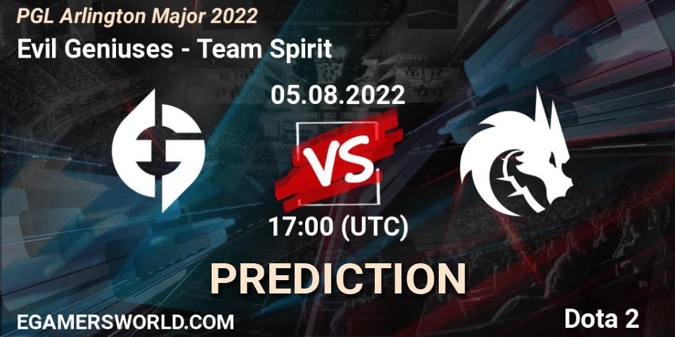 Pronósticos Evil Geniuses - Team Spirit. 05.08.2022 at 17:15. PGL Arlington Major 2022 - Group Stage - Dota 2